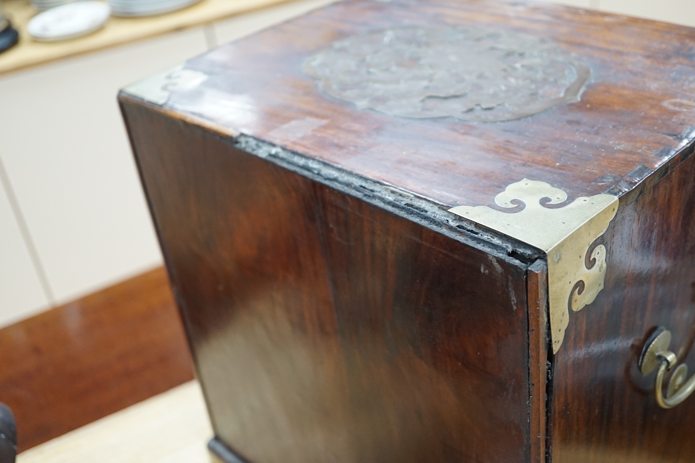 A Chinese brass mounted huanghuali and hardwood seal cabinet, Qing dynasty